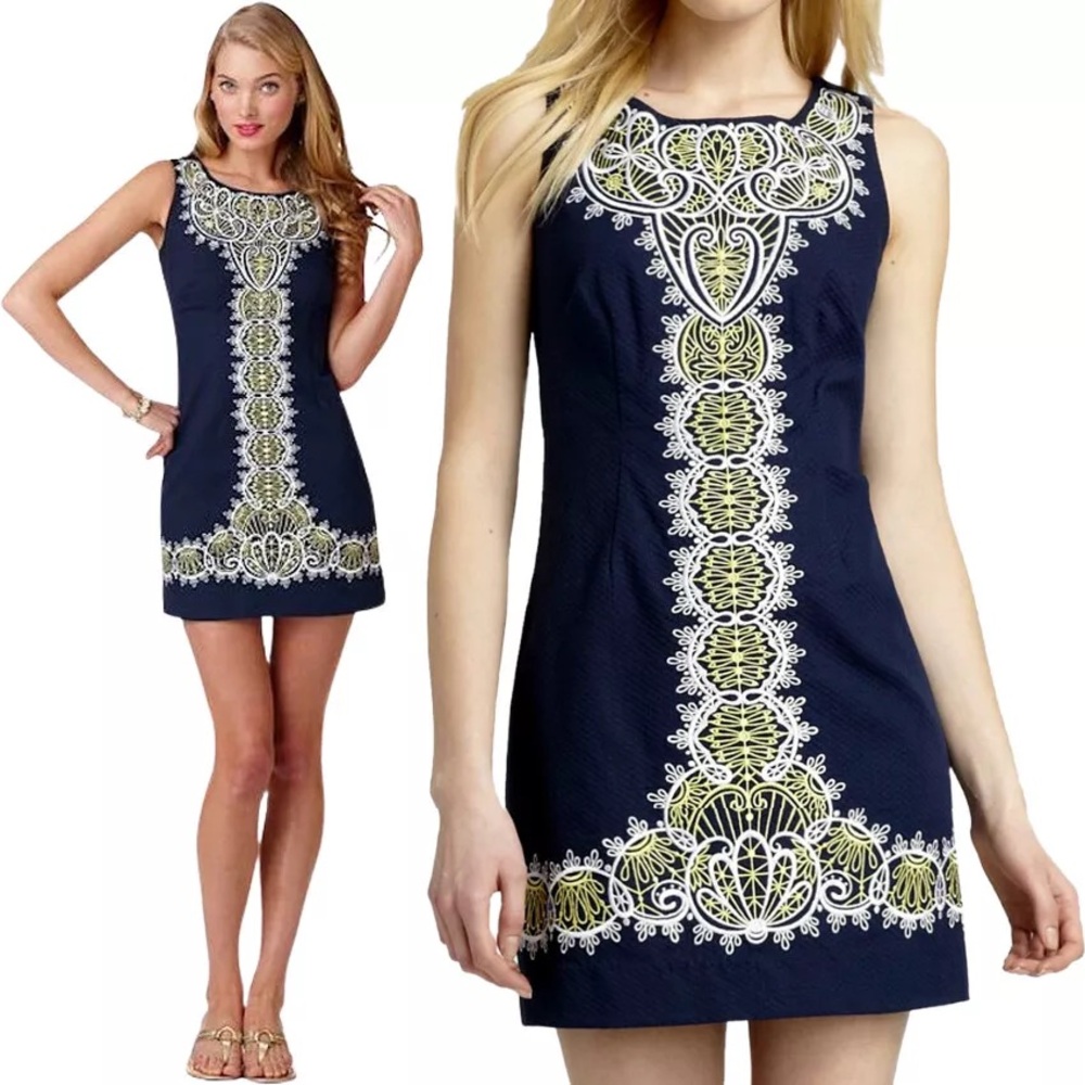 Lilly Pulitzer Delia True Navy Catch A Ray Embroidered Shift Dress size 4
